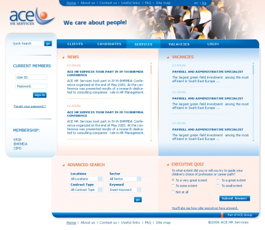 Уеб сайт ACE HR Services - начална страница